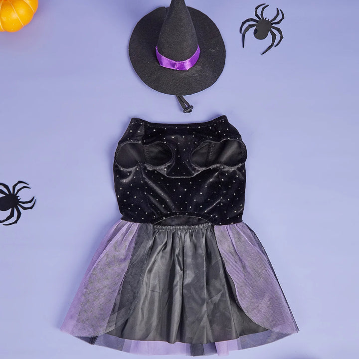 Velvet Halloween Dog Dress with Witch Hat Holiday Theme Dog Tutu Dresses for Small Dogs Girl Halloween Cat Costume Adjustable Wi