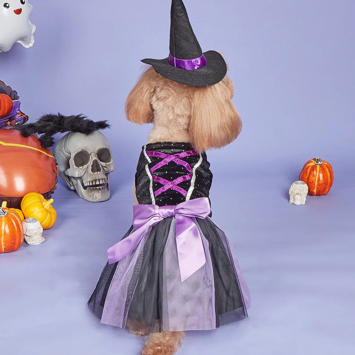 Velvet Halloween Dog Dress with Witch Hat Holiday Theme Dog Tutu Dresses for Small Dogs Girl Halloween Cat Costume Adjustable Wi